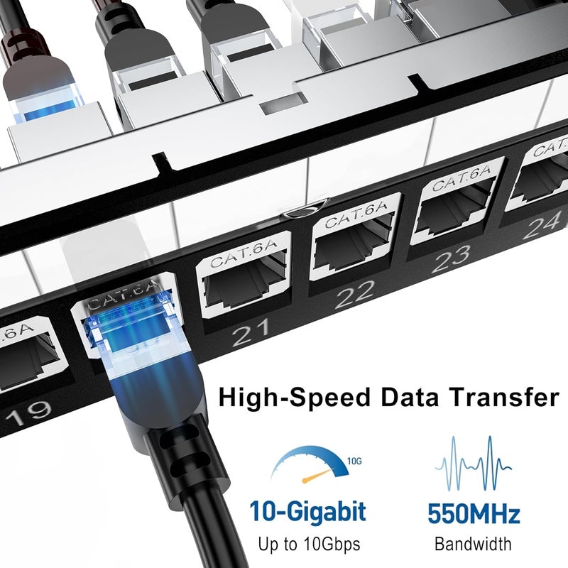 Jadaol لوحة توصيل محمية Cat6A بـ 24 منفذ مدرجة من UL، 19" 1U قابلة للتثبيت على الرف/الجدار مع لوحة RJ45 تمرير مع 24 موصل كاستان محمي مسبق التحميل + 1 احتياطي، تصل إلى 10Gbps، شريط إدارة الكابلات - Image 2